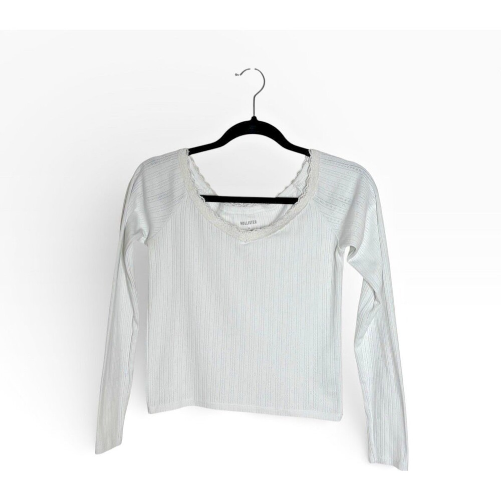 Hollister Womens White Long Sleeve Ribbed Knit Lace Trim Crop Top M Coquette Y2K